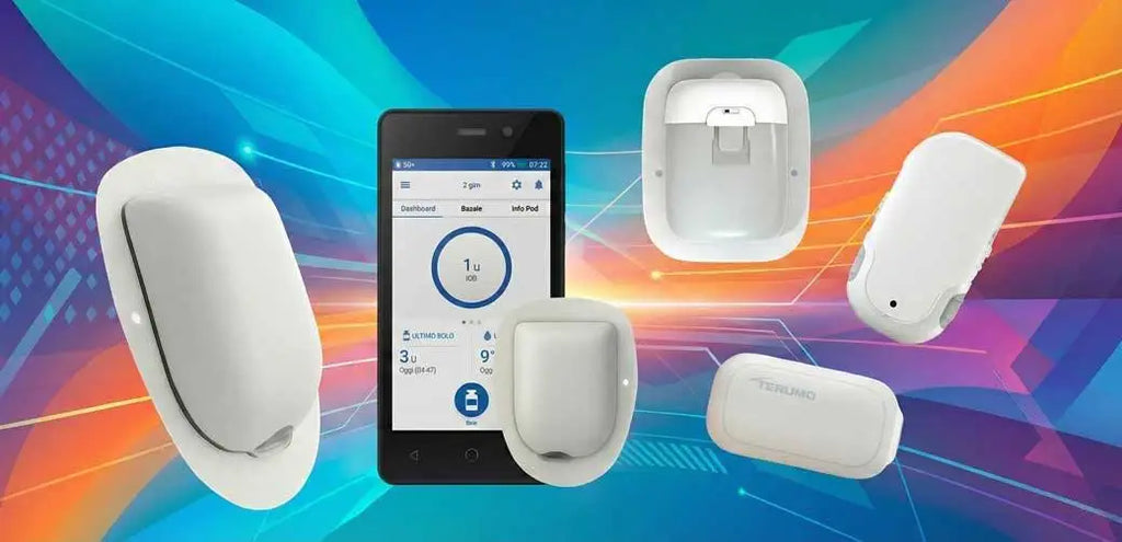 insulin patch pumps and smartphone app display showing modern tubeless insulin pump technology for diabetes management