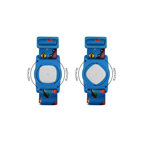 Medtronic Simplera children's armband with rotating clip and metal adjuster in blue print design.