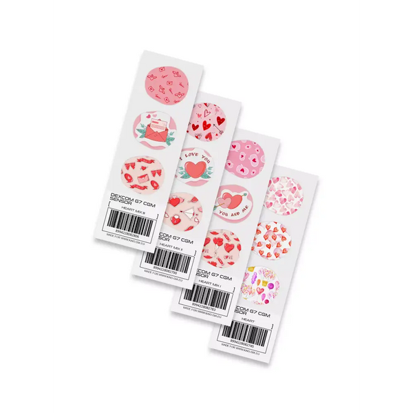 Valentine-themed Dexcom G7 sensor stickers with heart designs, 2024 edition.