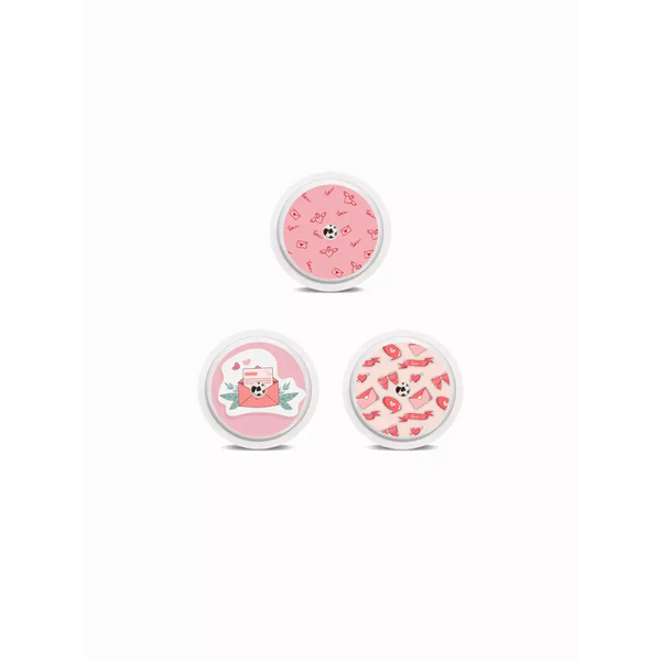 Valentine Edition Freestyle Libre 2 Sensor Stickers featuring rainbow hearts and love motifs, water-resistant and easy to apply.