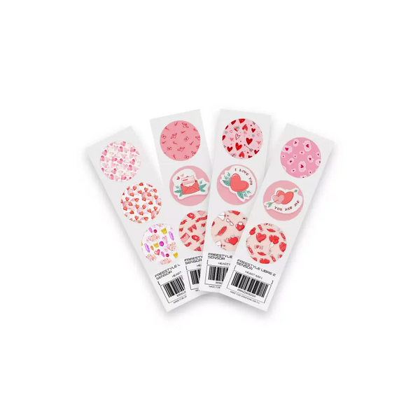 Freestyle Libre 2 Valentine Edition 2024 sensor stickers with rainbow hearts and love motifs.