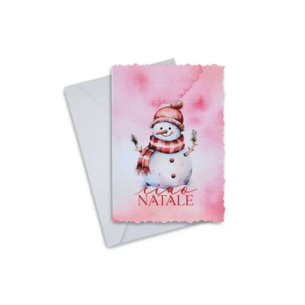 Elegant Christmas greeting card featuring a festive snowman design with “Buon Natale” text, set on high-quality canvas, includes an envelope.