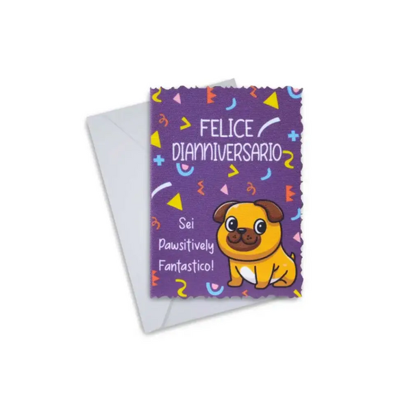 Inspiring Diaversary greeting card with colorful design and cartoon dog, featuring text "Felice Dianniversario."