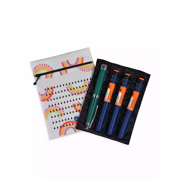 Insulin cooling wallet holding pens with colorful zippered pouch for diabetics.