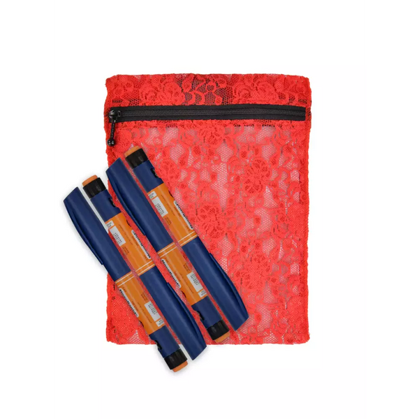 Red lace insulin cooling wallet designed for 4 insulin pens or 8 vials with zip closure and cooling packs