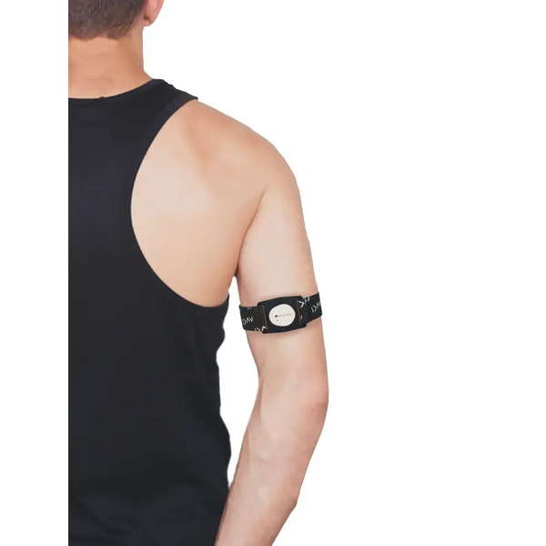 Black dia-style armband with rotating clip for Dexcom G7 sensor use