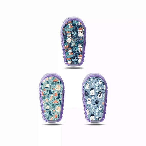 Winter-themed Dexcom G6 sensor stickers with snowman and penguin designs.