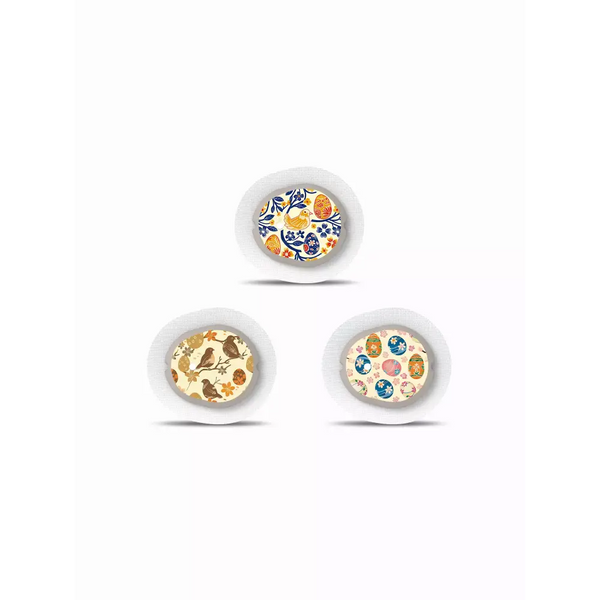 Three decorative Easter-themed patches for Dexcom G7 blood glucose monitors