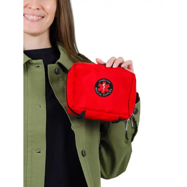 Viking-themed diabetes awareness iron-on patch displayed on a red medical supply bag.