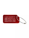 Red luggage tag with the text 'I Am Diabetic Medical Supply Bag Handle With Care' engraved.