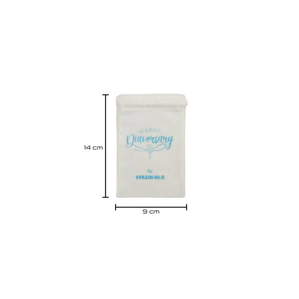 Kaio-Dia Diaversary Small Gift Bag with 'Happy Diaversary' design, 9 cm x 14 cm, eco-friendly cotton drawstring bag.