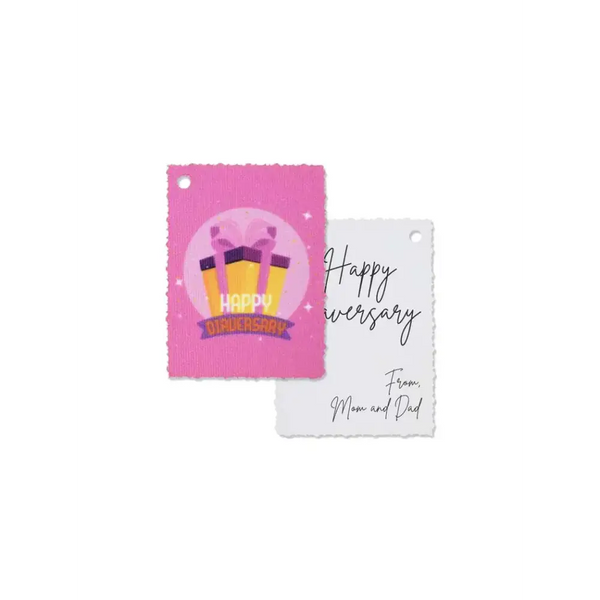 Diaversary gift tags with colorful designs, featuring "Happy Diaversary" text, pre-cut with holes for easy attachment.