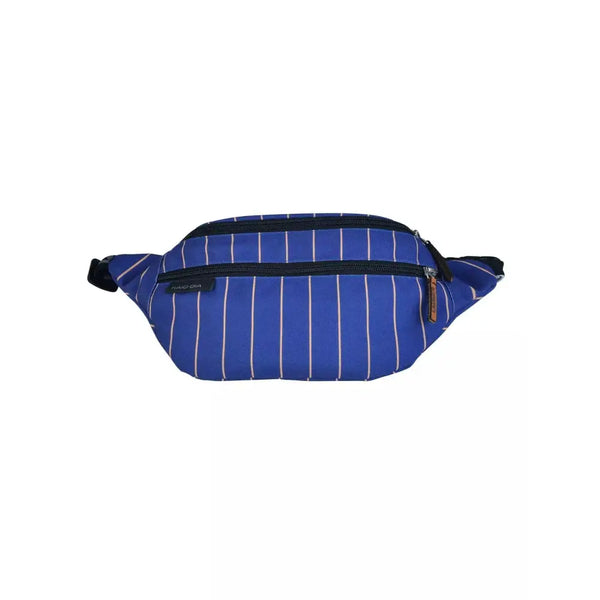 Blue striped fanny pack with insulin cooling system for diabetics.