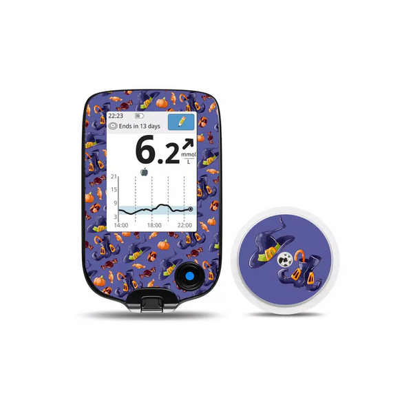 Freestyle Libre Reader and Sensor Stickers Halloween Edition with spooky designs.