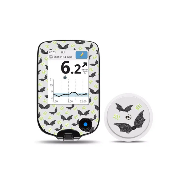 Freestyle Libre Halloween edition sensor stickers with bat and boo designs.