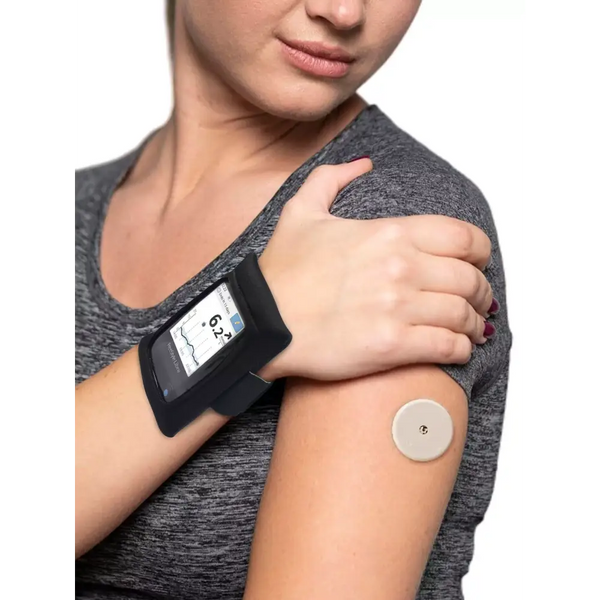 Freestyle Libre Reader Wrist Pouch with touchscreen window on wrist.