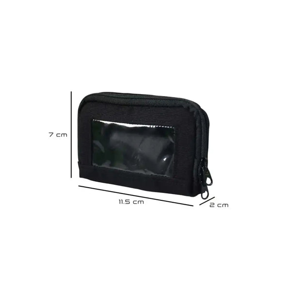 Insulin pump case with window, black, compact design with dimensions 7x11.5x2 cm.