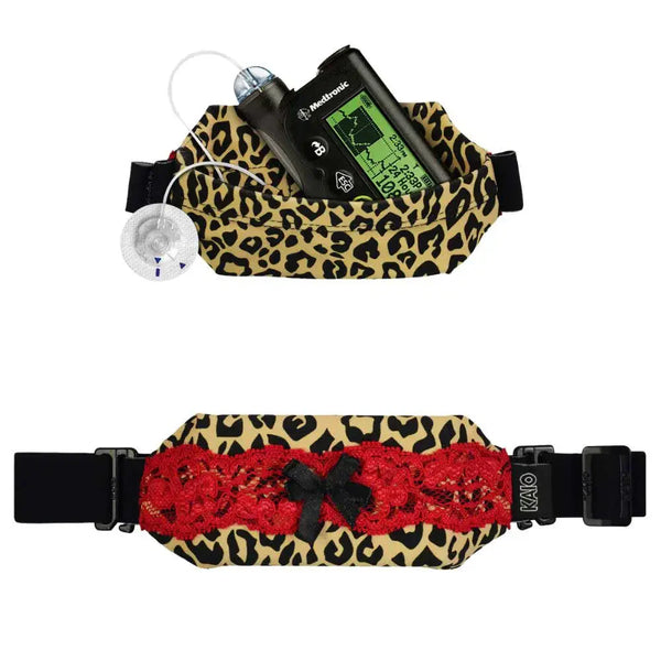 Leopard print insulin pump body pouch with red lace and black bow detailing, secure fit with reinforced infusion tube opening.