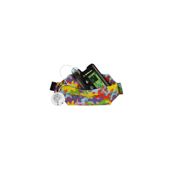 insulin pump pouch with colorful design and mesh window displaying insulin pump