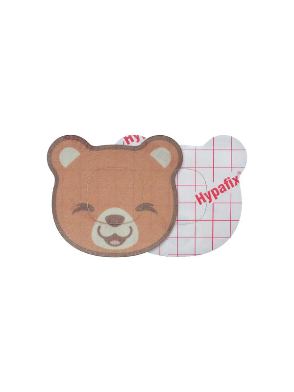 Simplera Sync bear patch front and back view showing adhesive backing and full protective coverage