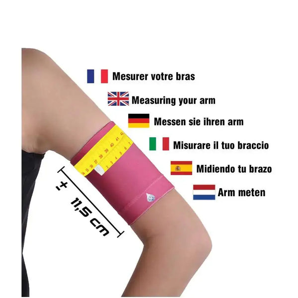 Protective armband for glucose sensors, shown on upper arm with measuring tape, pink color.