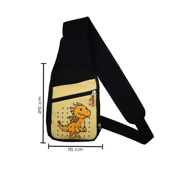 Yellow kids shoulder bag with dinosaur print and built-in insulin cooling system, measuring 25x15 cm