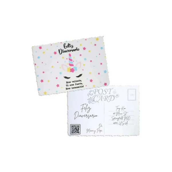 Empowering Diaversary Postcards with colorful unicorn design and inspiring message, perfect for diabetes anniversary celebration.