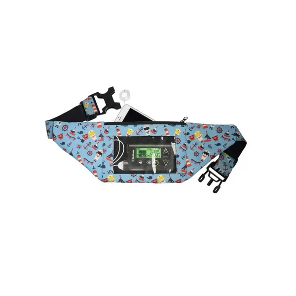 Adjustable insulin pump belt with two pockets, front window for pump access, and phone holder; designed for children with diabetes.