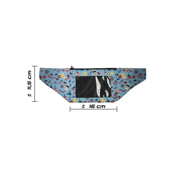 Double Pocket Insulin Pump Belt for children with diabetes, featuring front window for pump monitoring and additional pocket for phone.