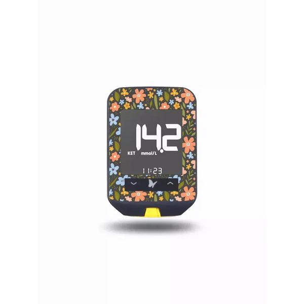 Freestyle Optium Neo glucose meter decorated with spring floral water-resistant stickers