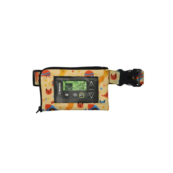 Insulin pump belt with window for kids in colorful design, adjustable for comfort and easy monitoring.