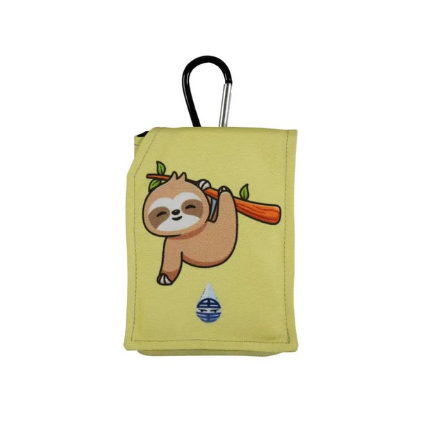 Insulin pump pouch for kids with sloth design and cooling system.