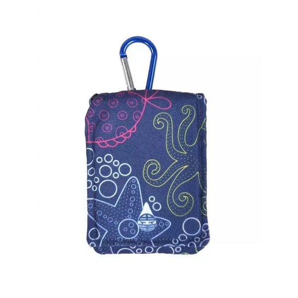 Insulin pump pouch for kids with cooling system, blue with marine design, carabiner attached.