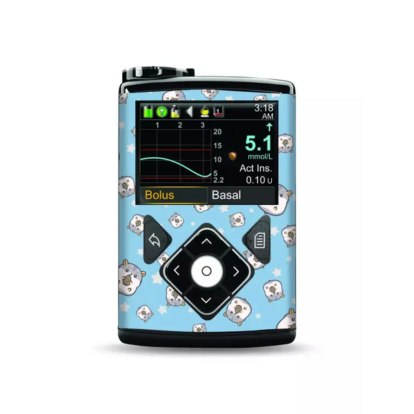 Medtronic MiniMed insulin pump with funny animal sticker design, water-resistant vinyl skin for 630G, 640G, 670G, and 770G models.