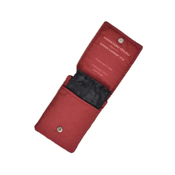 Red insulin pump cooling pouch with gel pack and secure flap closure.