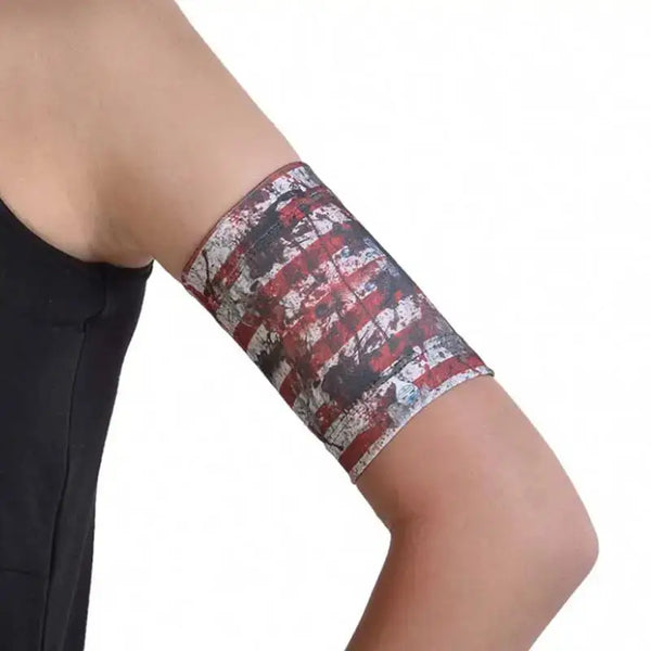 Glucose sensor and pod armband with printed flags design for diabetes management.