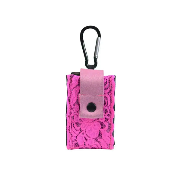 Universal lace insulin pump pouch with pink lace design and carabiner attachment.