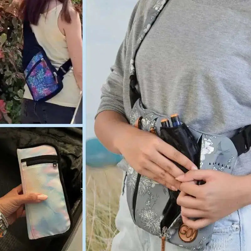 Collection of diabetes bags with cooling systems for insulin, featuring various styles like sling and fanny packs, worn by adults. Bild