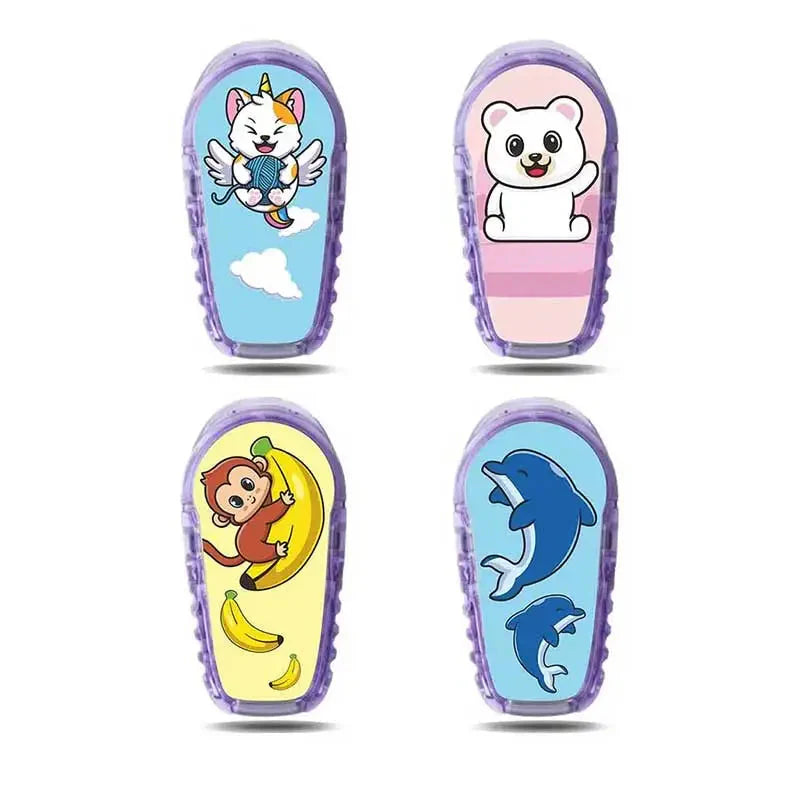 Collection of Dexcom G6 stickers featuring playful designs: unicorn cat, polar bear, monkey with bananas, and dolphins. Perfect Dexcom stickers for personalizing your glucose monitor. Bild
