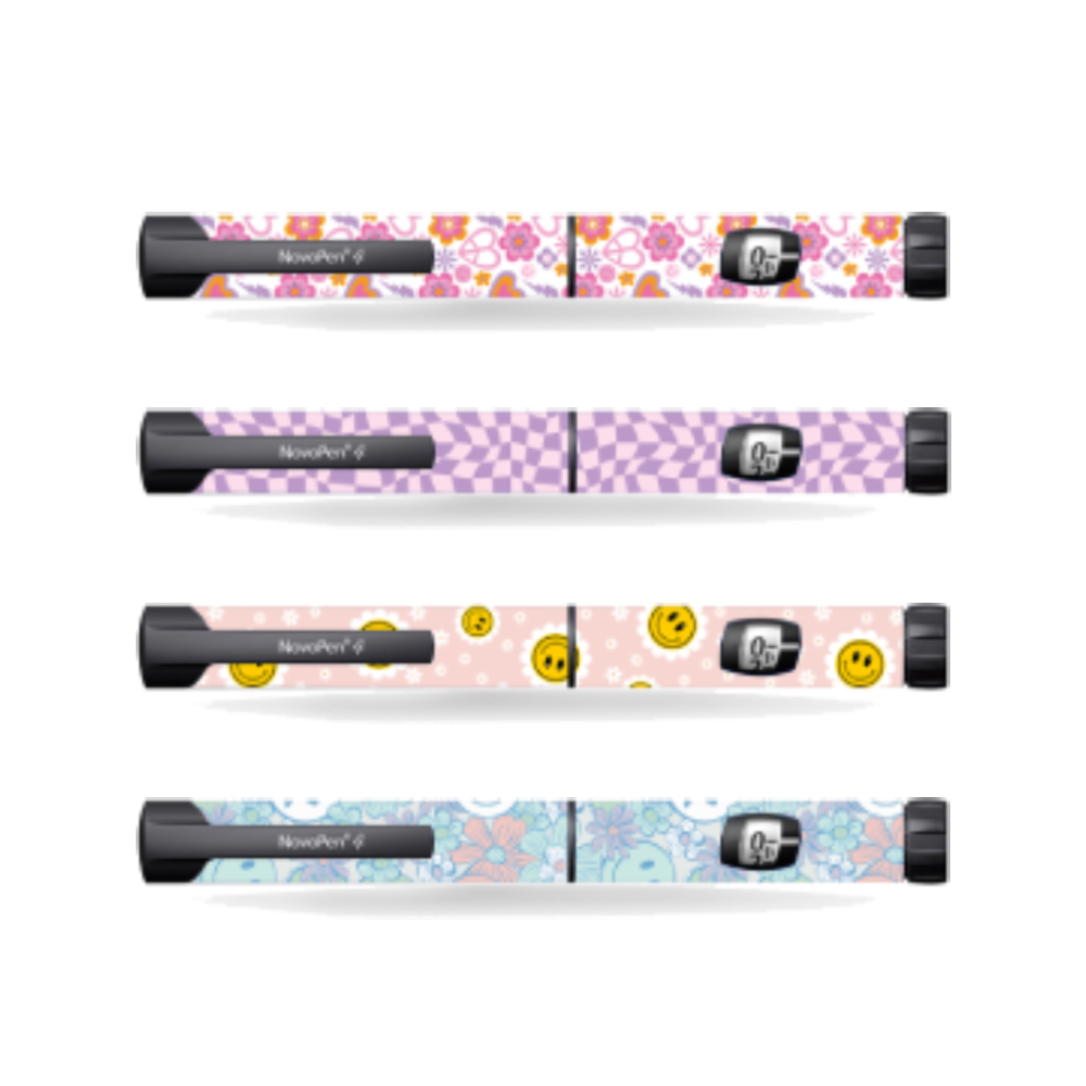 Y2K Novopen diabetes device stickers with groovy flowers, checkerboard, and smiley faces in pastel pink, purple, and blue. Bild