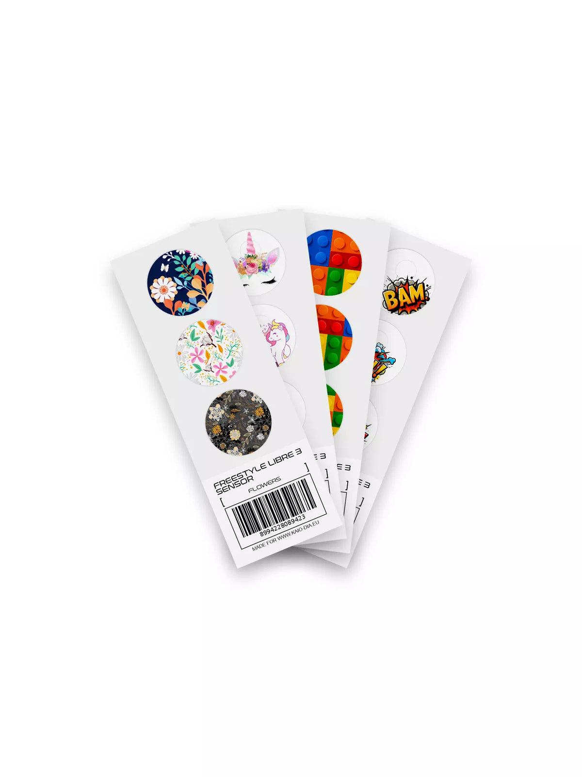 Fun Vibes Blood Glucose Sensor Stickers collection featuring designs like Flowers, Unicorn, Lego, and BAM! for Dexcom G7, Freestyle Libre, and more. Non-removable decals for CGM protection. Bild