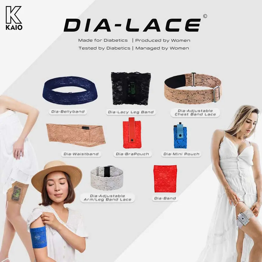 Lace accessories for insulin pumps and CGM devices, including bellybands, leg bands, waistbands, and pouches for daily wear. Bild