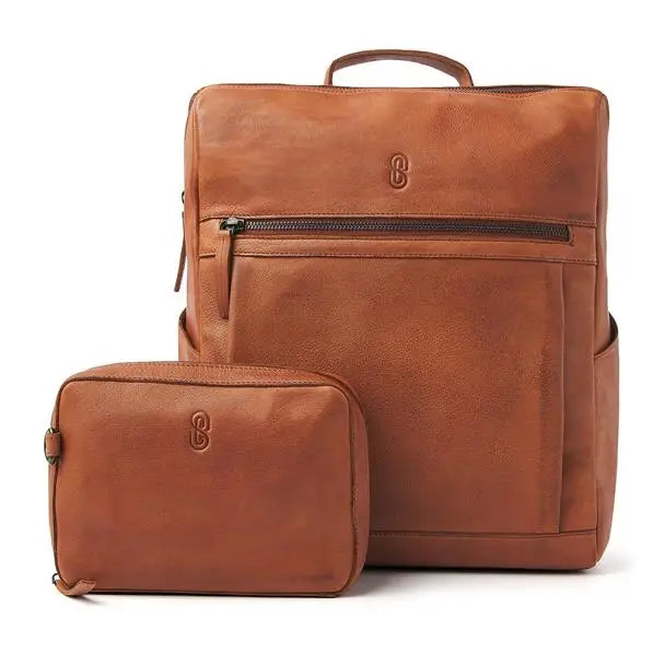 brown leather backpack and pouch for diabetics with compartments for insulin and daily supplies Bild