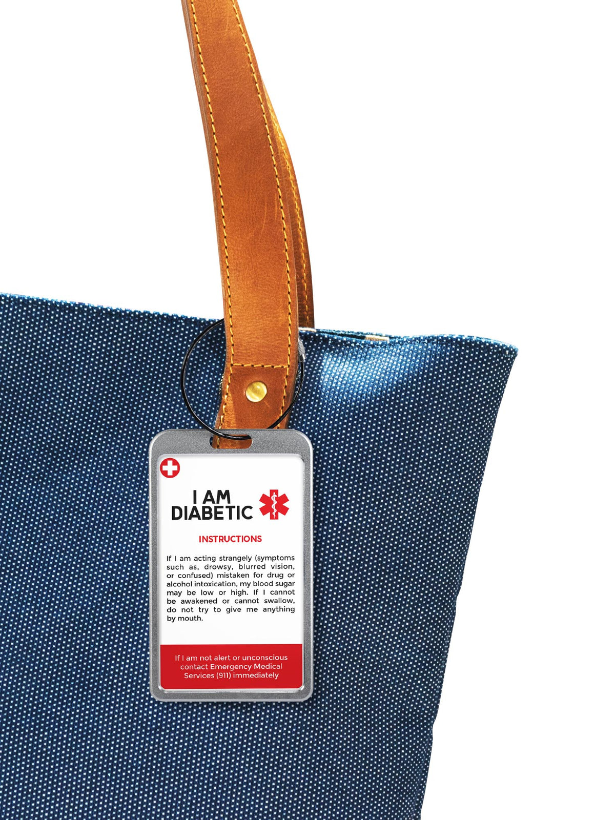 Diabetic Emergency ID Card, a Dia-Luggage ID Card, attached to a denim bag strap, providing vital instructions for emergencies. Bild
