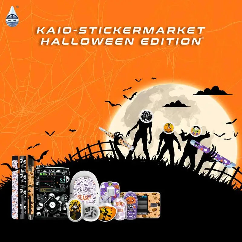 Halloween-themed image with zombies holding diabetes devices covered in Halloween stickers. "Kaio-Stickermarket Halloween Edition" text above. Bild