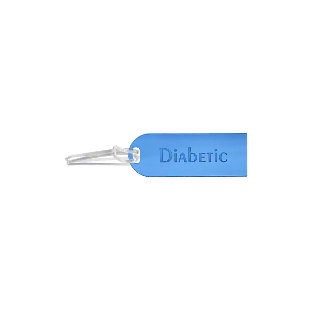 Diabetic luggage tag in blue acrylic, durable and stylish for travelers with diabetes.