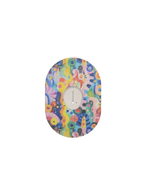 Dexcom G7 sensor patch with colorful childhood-inspired design for secure and comfortable fit.