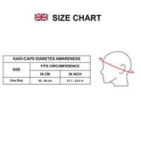 Size chart for Kaio-Caps Diabetes Awareness, adjustable strap, fits 55-59 cm.