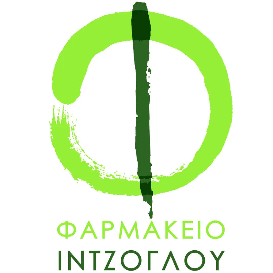 Inziglou Pharmacy Greece logo: a light green circle with a dark green vertical line, above green Greek text. Bild
