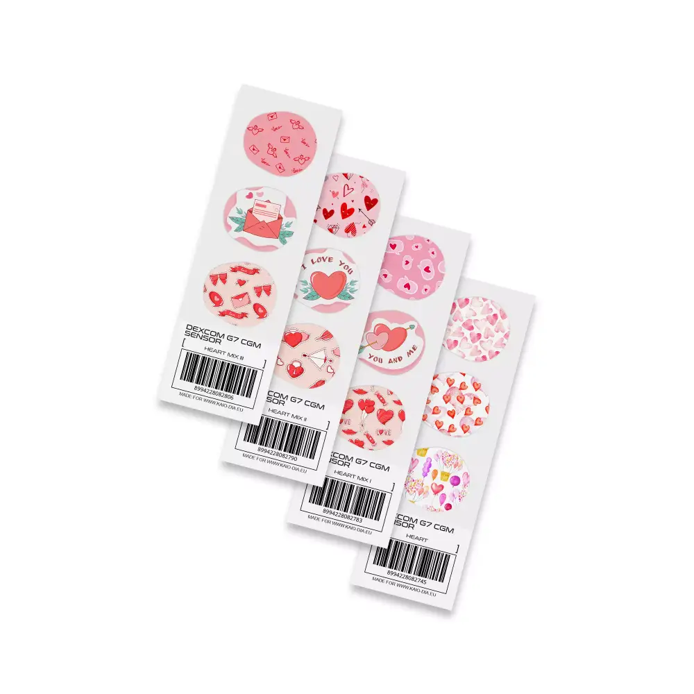 Valentine-themed Dexcom G7 sensor stickers with heart designs, 2024 edition.